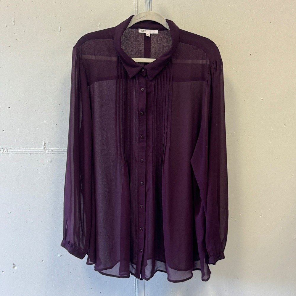 DR2 Women's Plus 3X Purple Pintuck Pleated Sheer Long Sleeve Button Down Blouse